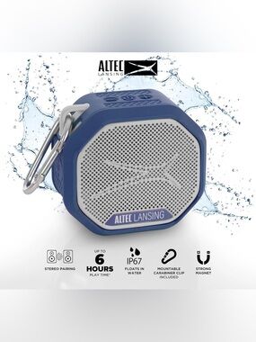 Altec Lansing Blue Waterproof Portable Bluetooth Speaker with Carabiner